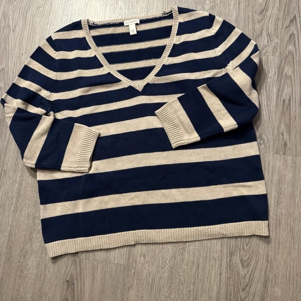 Boston Proper Classic Navy/Tan Stripe Spring Sweater 3/4 Sleeve V-Neck Sz. L NEW